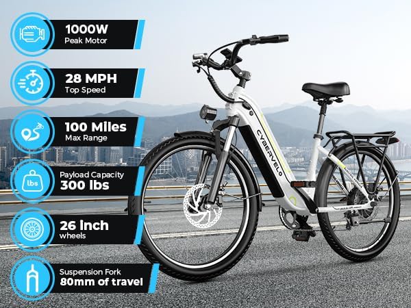DriftGod 26" Electric Bike for Adults β Powerful 1000W Motor, 48V Removable Battery, 7-Speed, Front Suspension & LCD Display β Commuter and Mountain EBike for Women