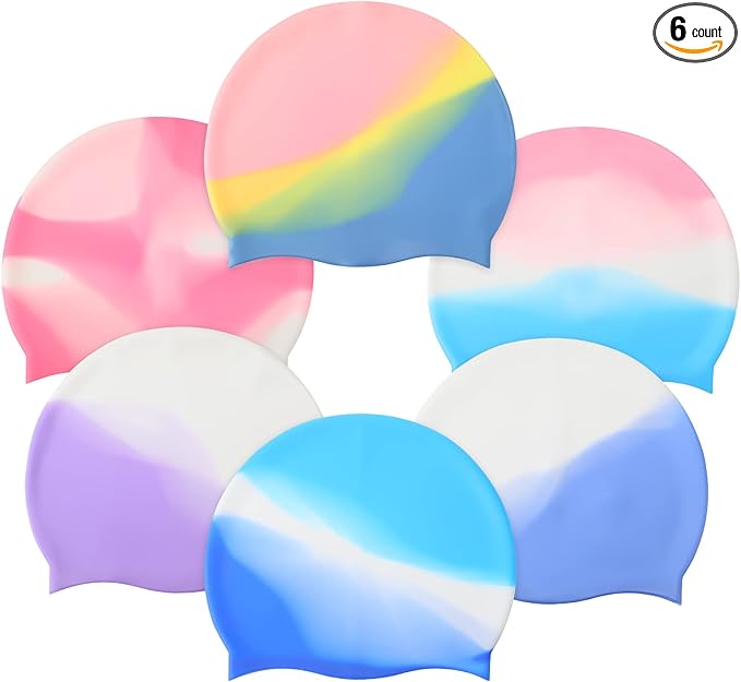 Syhood 6 Pieces Unisex Adult Silicone Swim Cap Waterproof Swimming Hat Non Slip Pool Hat Elastic Silicone Cap for Long and Short Hair