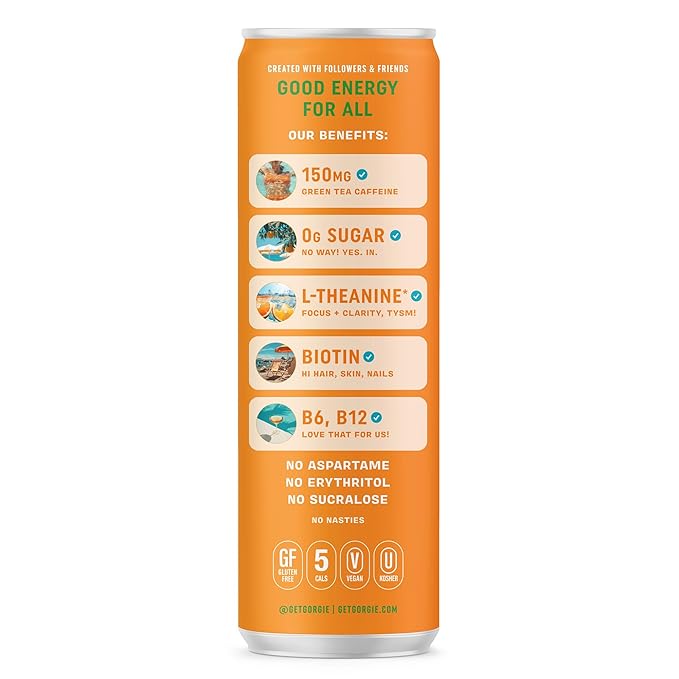 GORGIE Sugar Free Natural Energy Drinks, Jaclyn Hill Orange Twist (12 Pack) Healthy Sparkling Energy Drinks Natural Coffee Replacement with Green Tea Caffeine and Biotin, Vegan, Low Calorie