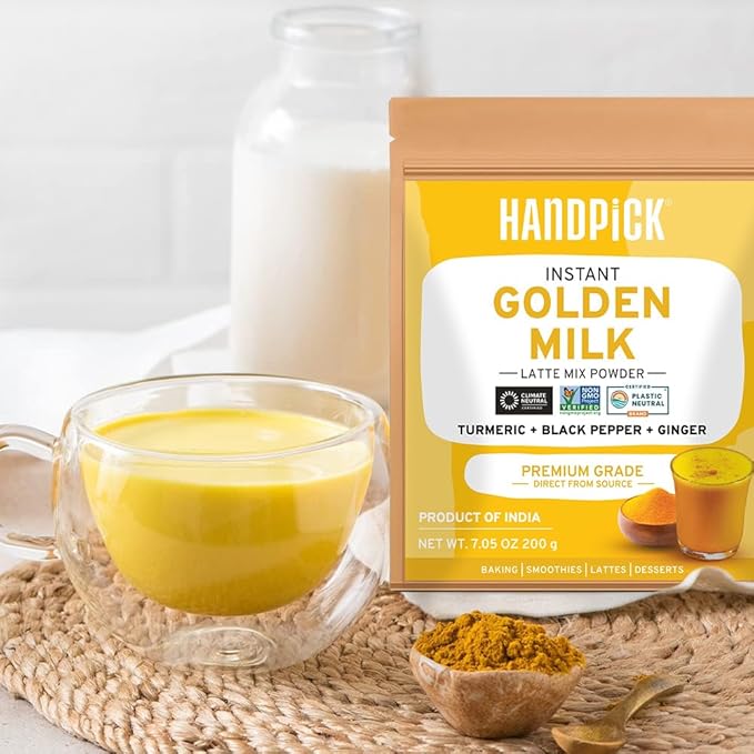 HANDPICK Golden Milk Powder with Turmeric - (7oz, 80 servings) Instant Latte Mix | Blend of Ginger, Black Pepper and Curcumin