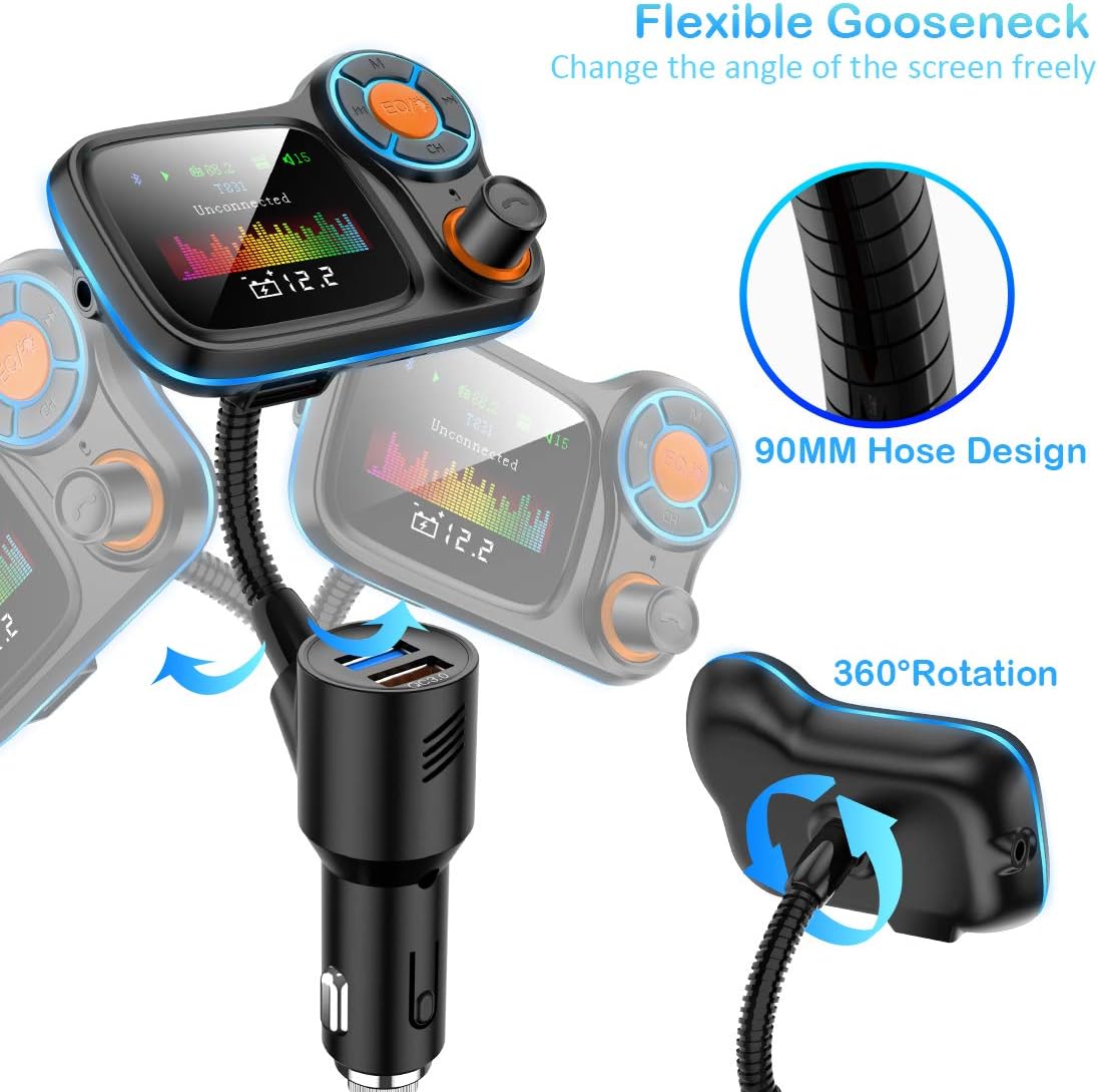 TSNAM Wireless Car Bluetooth Adapter,Radio FM Transmitters HandsFree Call Receiver and MP3 Music/APP Audio Play,QC3.0 and Smart 2.4A Dual USB Charger,1.8" Color Display,Aux Port,TF Card