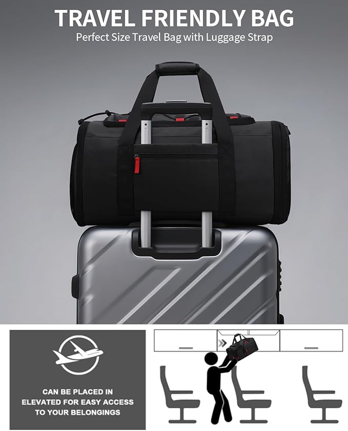 Gym Bags for Men Women, 45L Sports Travel Duffle Bag with Shoe Compartment, 3 in 1 Weekener Overnight Backpack with Wet Pocket, Black