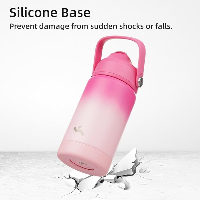 Insulated Water Bottle with Straw Lid,24 oz Stainless Steel Vacuum Metal Bottle with Silicone Handle,Cherry Blossom