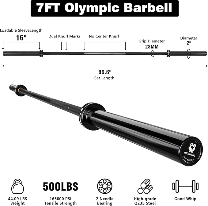Olympic Barbell 45lb (20kg) - 7ft Bearing Spin Bar for Weightlifting and Strength Training,Ceramic Coating,500 LBS Capacity,28mm High Whip,Fits 2" Plates,for Home Gym