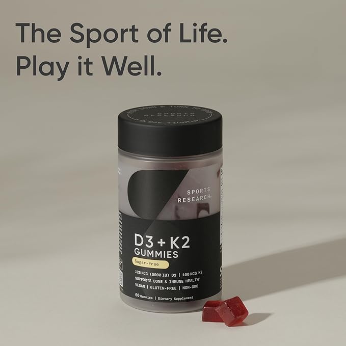 Sports Research® Vegan Vitamin D3 + K2 Gummy Supplements - 5000iu Vitamin D with 100mcg Mk7 Vitamin K - Supports Calcium for Stronger Bones & Immune Health - 60 Gummies for Adults, 1 Month Supply