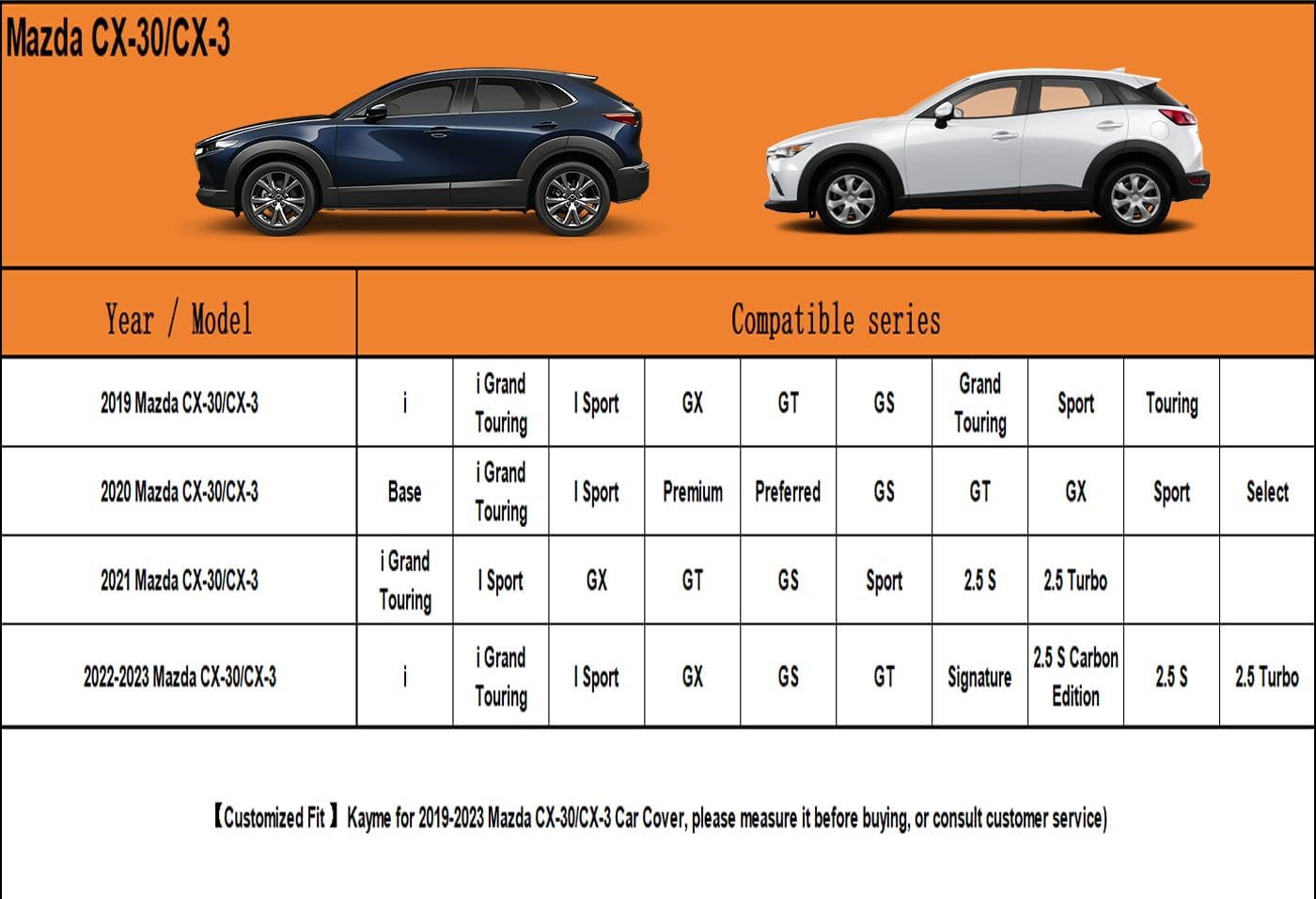 Kayme 6 Layers SUV Car Cover Custom Fit for Mazda CX-30/CX-3/CX 30/CX 3 (2019-2025) Waterproof All Weather for Automobiles, Outdoor Full Cover Rain Sun UV Protection.Silver