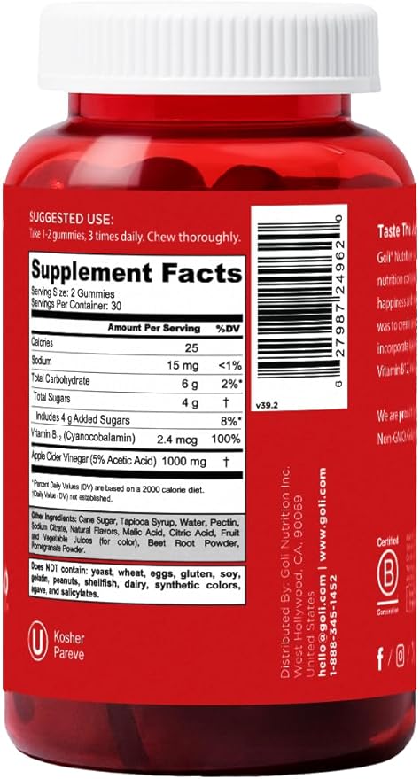 Goli Apple Cider Vinegar Gummy Vitamins - 180 Count - Vitamins B9 & B12, Gelatin-Free, Gluten-Free, Vegan & Non-GMO