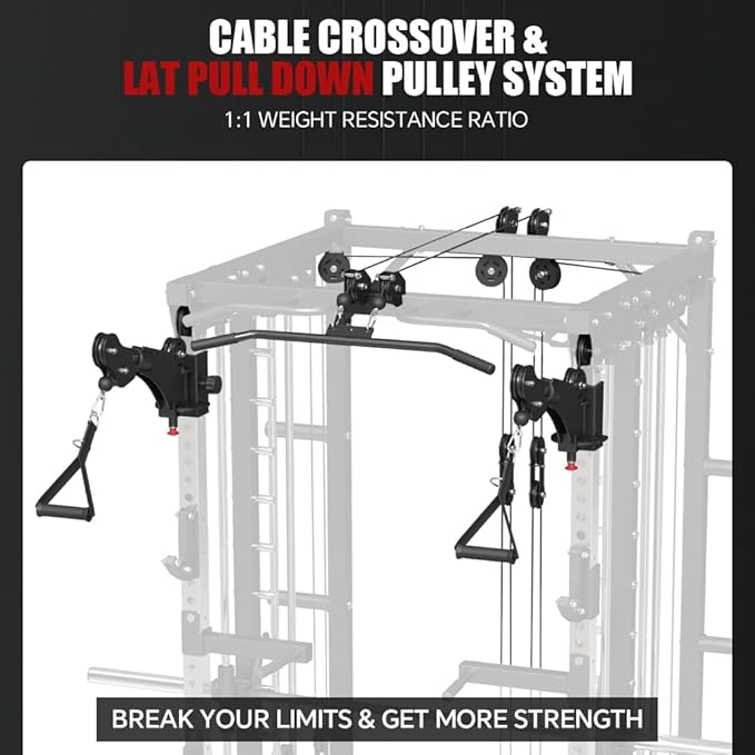Commercial Smith Machine with Smith Bar, 4000LBS Power Cage Squat Rack with Lever Arm, Leg Press, LAT Pull Down System, Multi-Function Linear Bearing Cable Crossover Machine for Home Gym