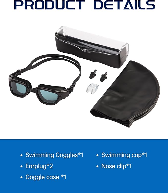 Swim Goggles, Goggles Adult with Swimming Cap, Nose Clip & Ear Plugs, UV Protection Anti-Fog Lens and Case for Adult