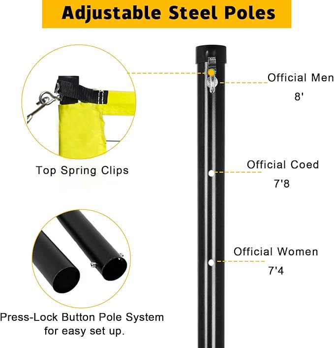 Outdoor Portable Volleyball Net System - Adjustable Height Poles with Soft Volleyball Ball, Pump, Hammer, Boundary Line, and Carry Bag for Backyard, Beach, Lawn