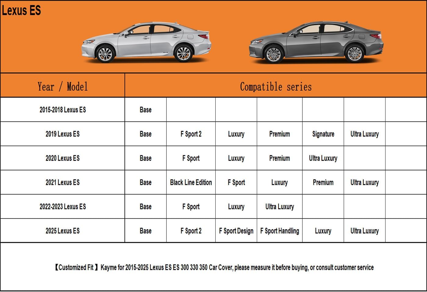 Kayme 7 Layers Car Cover Custom Fit for Lexus ES 300 330 350 (2015-2025) Waterproof All Weather for Automobiles, Outdoor Full Cover Rain Sun UV Protection.Black