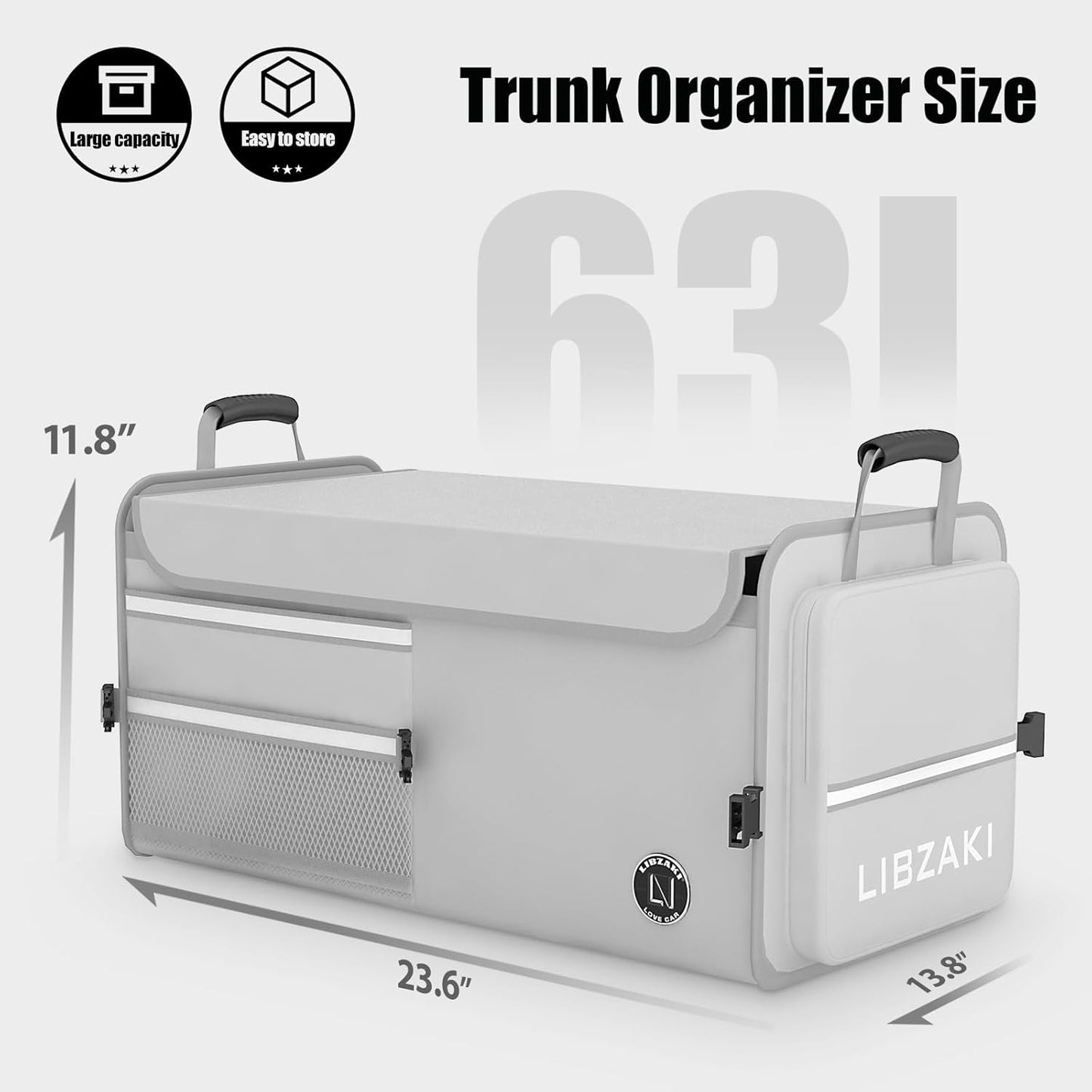LIBZAKI Car Trunk Storage Organizer, Multi Compartment Collapsible Trunk Storage Box for Car Truck SUV-Gray