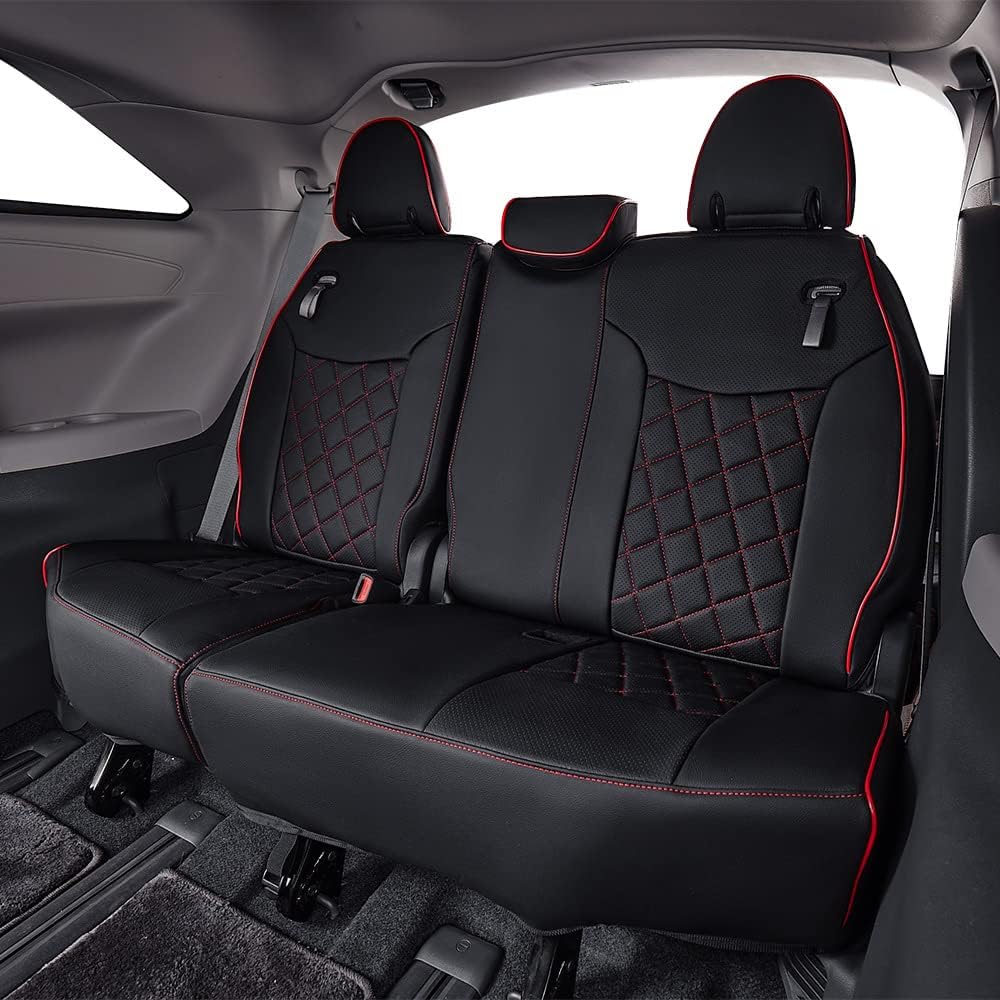 EKR Sienna Seat Covers for 2021-2025 Toyota Sienna LE, XLE,8 Seats,2nd Row 4/2/4 Split,Waterproof Seat Covers Full Set for Trucks,Car Seat Protectors-Three Row,Leather(Black with Red Piping)
