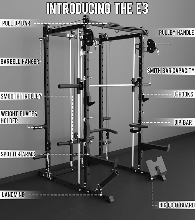 Eonfit E3 Smith Machine with 360°Rotating Arm for Home Gym Equipment, Multi-Function Power Cage Squat Rack with Cable Crossover LAT Pulldown Pulley System All in One