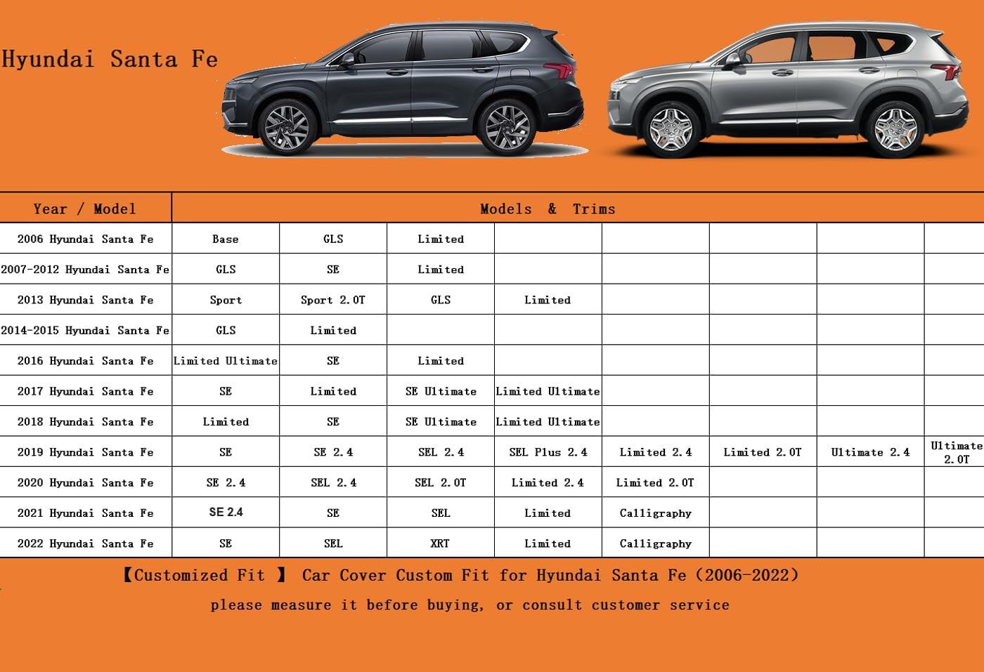 Kayme 7 Layers SUV Car Cover Custom Fit for Hyundai Santa Fe (2006-2025) Waterproof All Weather for Automobiles, Outdoor Full Cover Rain Sun UV Protection.Black