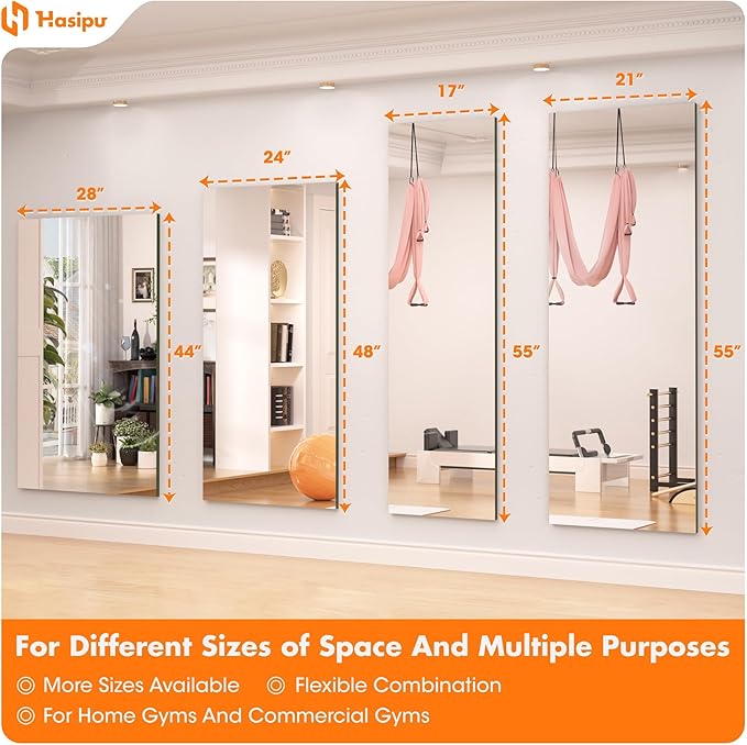 Hasipu Home Gym Mirror 48" L x 30" W - 2PCS Large Full Body Mirror for Yoga, Wall-Mounted Mirrors for Fitness, Garage, Dance Studio, 0.16in Tempered Glass Frameless