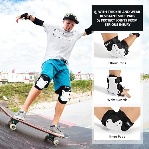 Skating Protective Gear Adult Knee and Elbow Pads Wrist Guards for Roller Skating Skateboarding, Skate Pads Adult Knee Pads for Men Women White