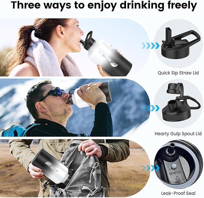 Insulated Water Bottle 128 oz, Triple Wall Vacuum Stainless Steel(Cold for 48 Hrs),Leak Proof & BPA-Free,One Gallon Water Bottle with Reflective Paracord & Flip Straw for Sports & Travel, DarkGray