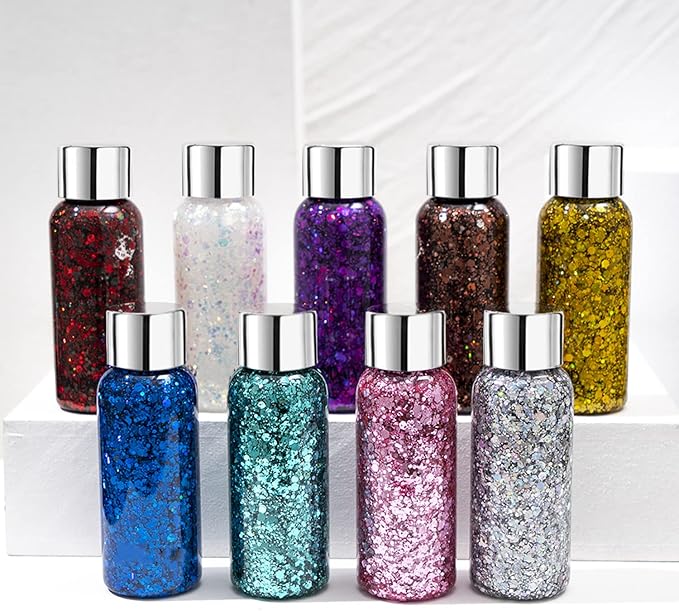 MAEPEOR Chunky Face Body Glitter Gel 19 Colors Mermaid Sequins Holographic Body Glitter Gel Long-Lasting Festival Makeup Glitter Paint for Face Body Hair Nails (30g, 01 Silver)