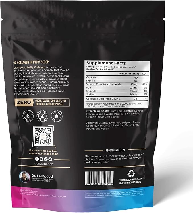 Livingood Daily Vanilla Collagen Powder for Women & Men, Hydrolyzed Collagen Peptides Powder with Vitamin C, Protein with 20 Amino Acids, Type I & III, Grass Fed, Keto, Paleo, Gluten Free, 30 Srvgs