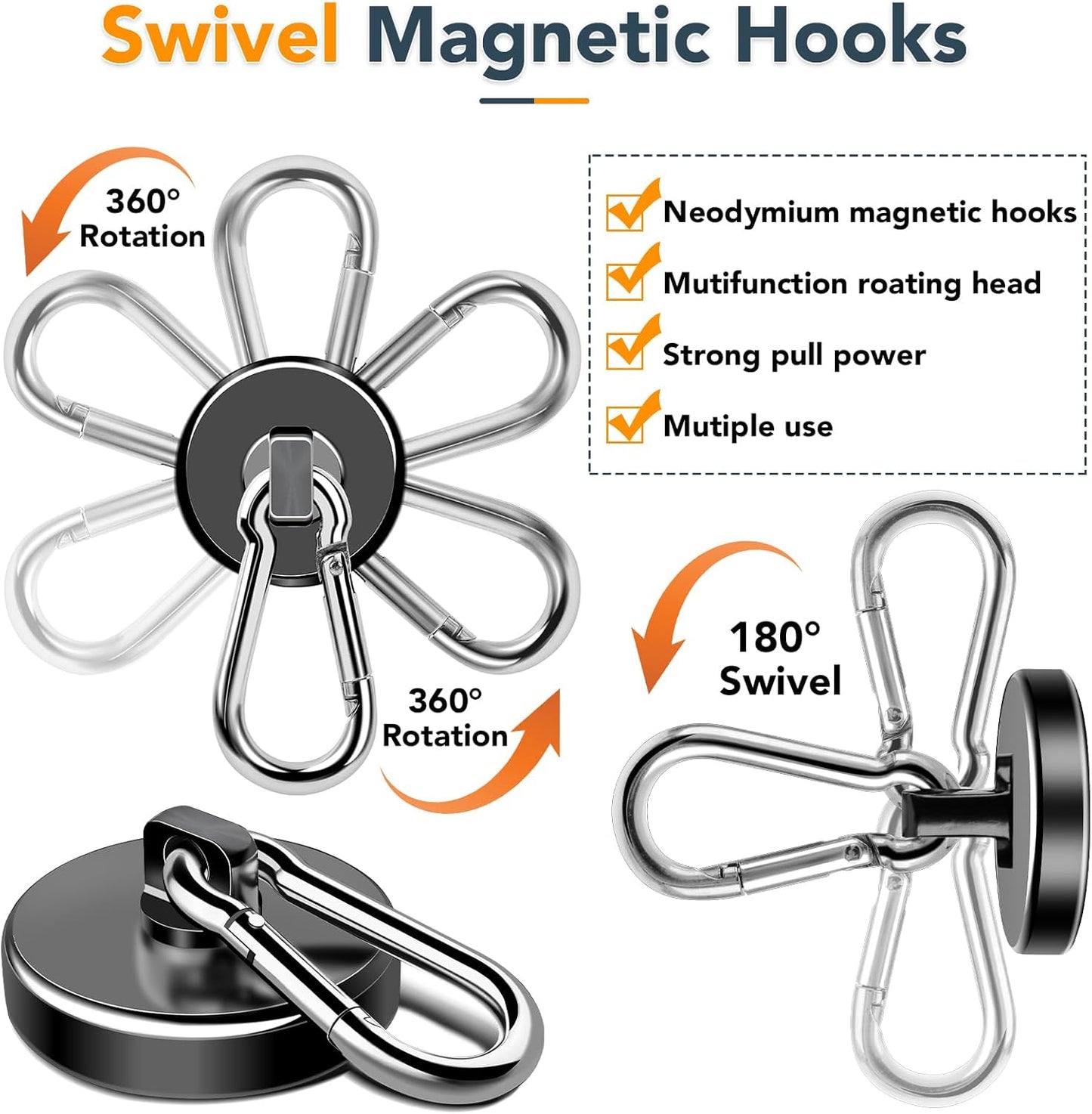MIKEDE Magnetic Hooks Heavy Duty, 70LBS Strong Magnetic Hooks with Carabiner Hooks, Neodymium Black Magnets with Swivel Hooks Great for Hanging, Kitchen, Grill, Locker or Cruise Cabin - 10 Pack