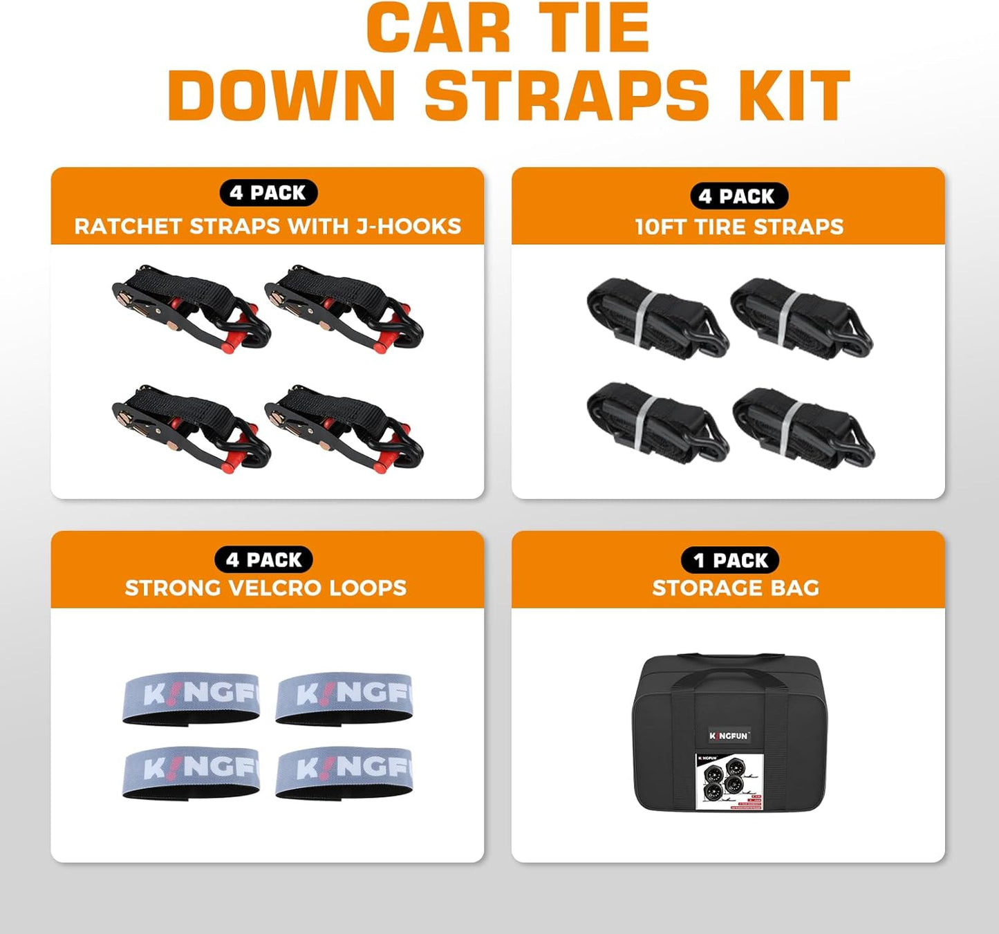 Kingfun Heavy Duty Car Tie Down Straps for Trailers 4 Pack - 2" x 120" Tire Straps with 10,000 lbs Break Strength, Secure Wheel Strap for Car Hauler, Truck, SUV, and Utility Trailers