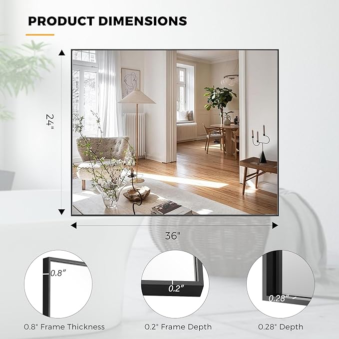 24x36 Inch Black Bathroom Mirror for Wall, Aluminum Frame Rectangle Rectangular Vanity Mirror, Modern Large for Bedroom, Living Room, Horizontal or Vertical