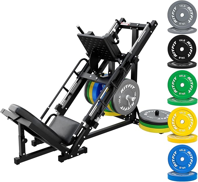RitFit Adjustable Leg Press and Hack Squat Machine with Weight Plate Set, Professional Home Gym Equipment with Linear Bearings, Specialized for Complete Lower Body Workouts and Weight Storage Posts