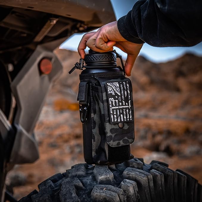Iron Infidel Battle Bottle - 32 Oz Insulated Water Bottle with Straw Lid & Chug Cap, Stainless Steel Metal Tactical Flask With Rugged, Removable Sleeve for Keys & Phone or Wallet (Black Camo 1 Liter)
