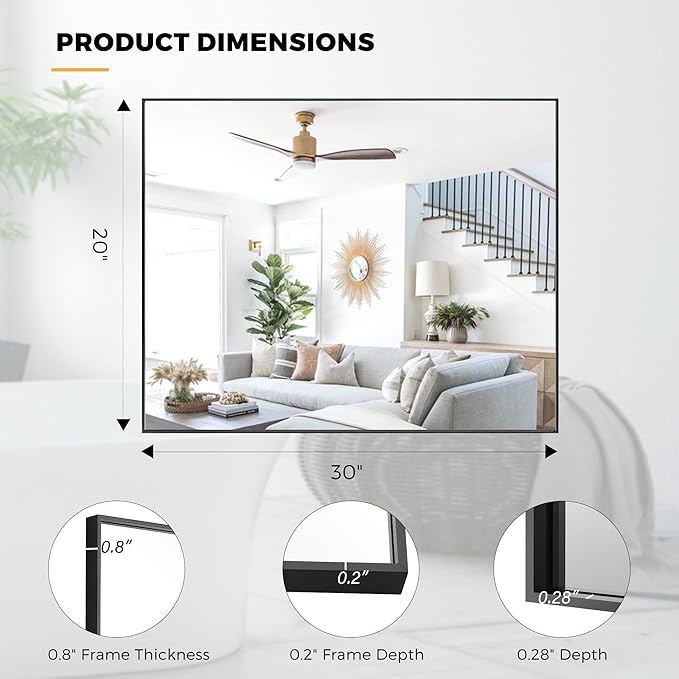 20x30 Inch Black Bathroom Mirror for Wall, Aluminum Frame Rectangle Rectangular Vanity Mirror, Modern Large for Bedroom, Living Room, Horizontal or Vertical