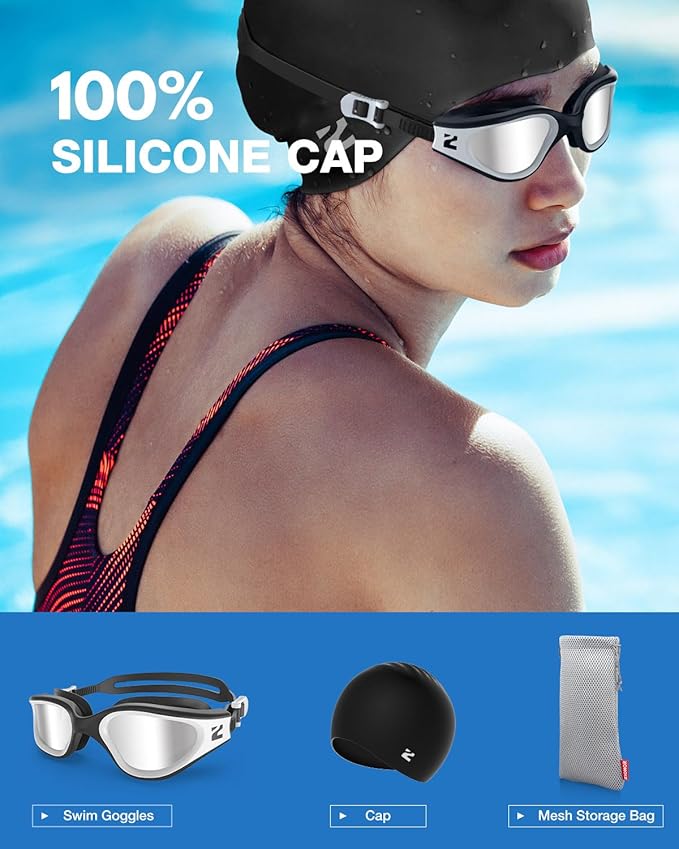 ZIONOR G1 Lite Swim Goggles with Swim Cap Comfortable Anti-fog Swimming Goggles Cap Set for Adult Men Women
