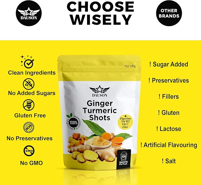 Ginger Turmeric Supplements with Piperine, Orange, Vitamin C, Vitamin D3 & Zinc | Ginger Turmeric Shots for Joint, Heart, Brain, Gut & Skin Health | 100 Servings | Ayurvedic | Powder