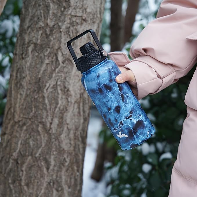 32 oz Insulated Water Bottle Stainless Steel Sport Bottles with 3 Lids,Navy Blue