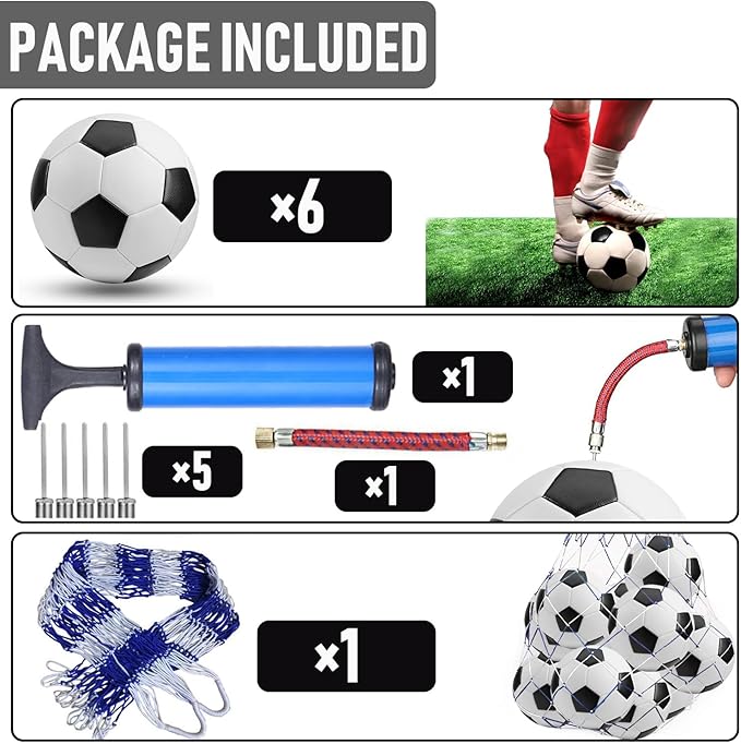 6 Pack Classic Soccer Balls Size 5/4/3 Includes Ball Pump and Net Bag,Soccer Training Ball Practice for Kids and Adults,Competition Soccer for Indoor Outdoor