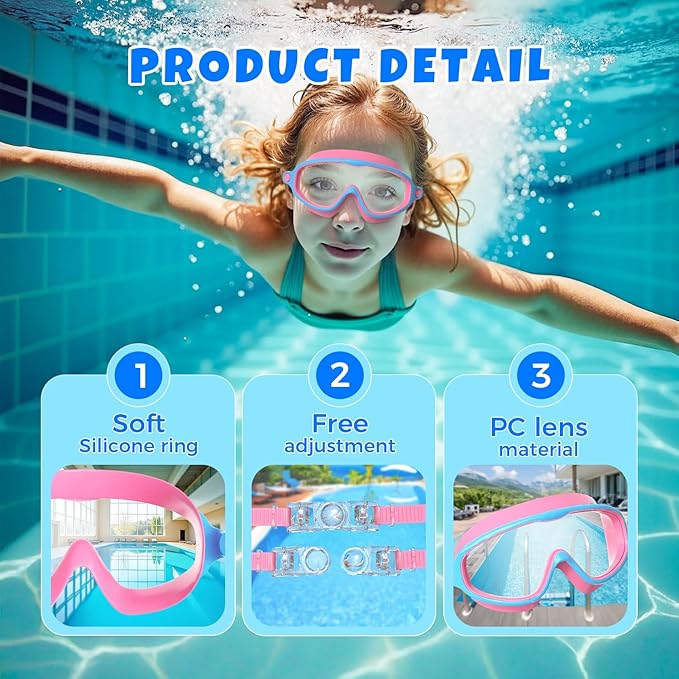 Swim Goggles for Kids 3-15 with Earplugs Large Frame Anti-Fog/UV Swimming Goggles for Boys Girls Toddler 2PCS
