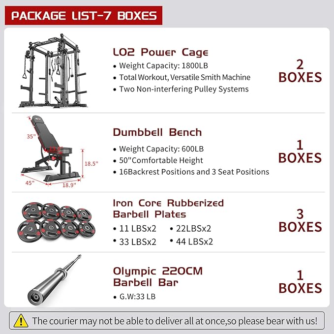 Power Cages Multi-Purpose Squat Rack with Cable Crossover System, Matching Weight Bench, Olympic Barbell Weight Set for Garage and Home Gyms