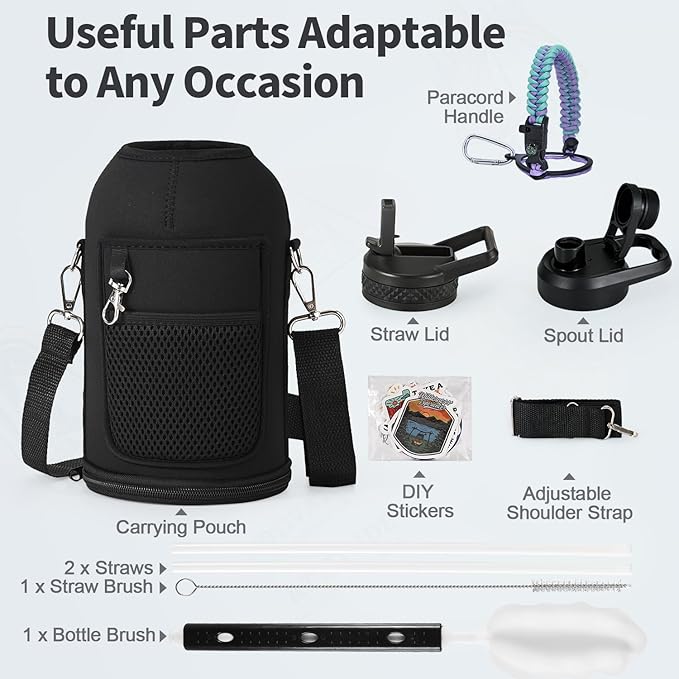64 oz Insulated Water Bottle with Straw (Cold for 48 Hrs), Half Gallon Stainless Steel Triple Wall Vacuum Sports Water Jug, Leakproof Hydro Cup Flask with Straw Spout Lids & DIY Stickers