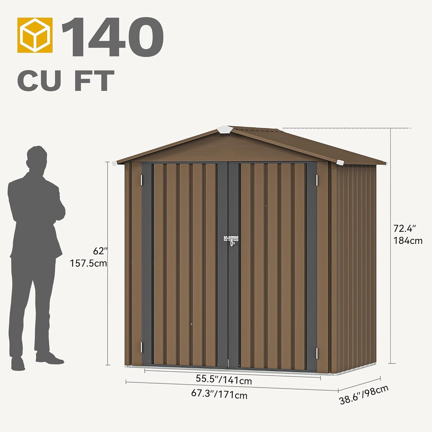 DWVO 6x4ft Storage Shed for Outdoors, Metal Sturdy Weatherproof Tool Locker with Secure Door and Ventilation for Equipment, Mowers, Bikes, Outdoor Spaces, Brown
