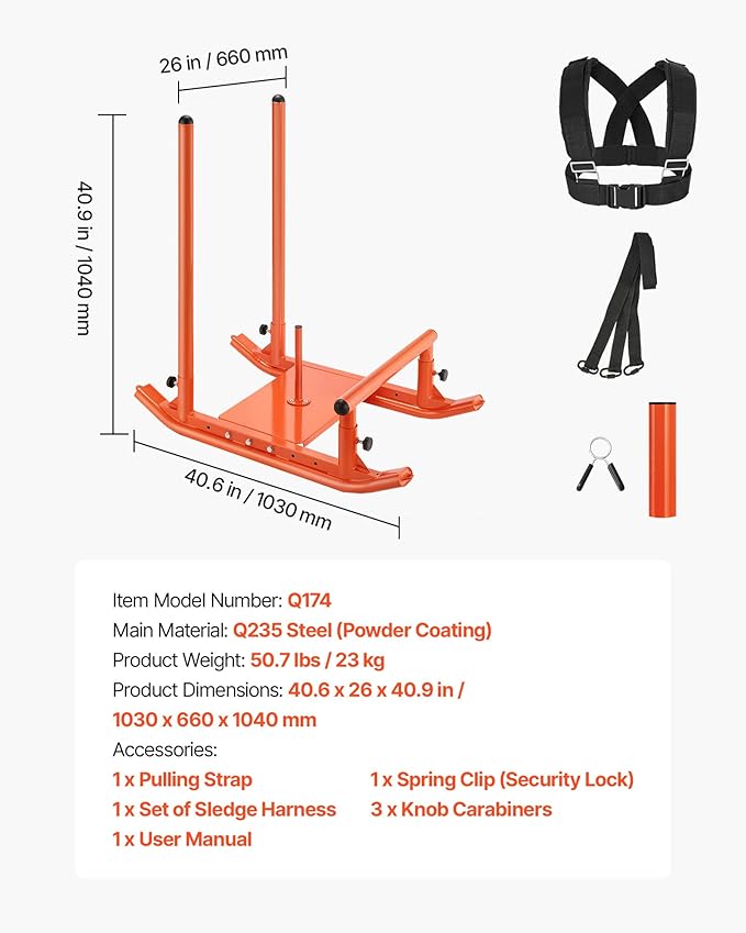 VEVOR Weight Sled, Steel Power Sled, Fitness Strength Training Sleds for Athletic Exercise Speed Improvement, Workout Fitness Equipment with Handle, Compatible with 1/2 in Weight Plates, Orange