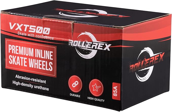 Rollerex VXT500 Inline Skate Wheels (8 Wheels w/Bearings, spacers and washers) (Various Size & Color Options Available) - for Indoor, Outdoor, Hockey - Intended for Roller Blade Wheel Replacement