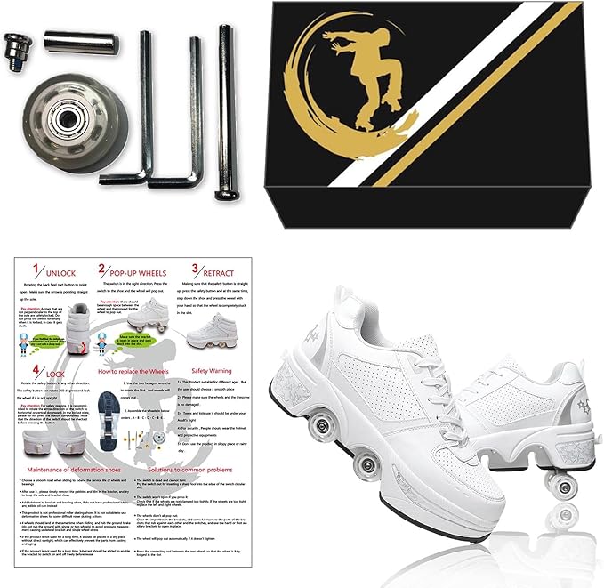 Roller Skate Shoes for Women Four Rounds Children's Roller Skates Shoes That Turn into Rollerskates Sneakers Outdoor Light Shoes with Wheels for Girls/Boys