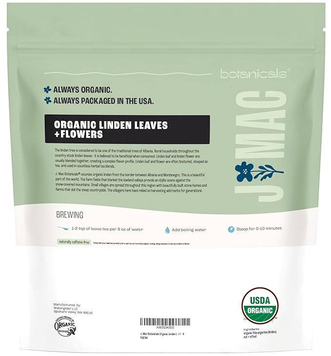 J Mac Botanicals, Organic Linden Leaf and Flower, Whole Leaves and Flowers