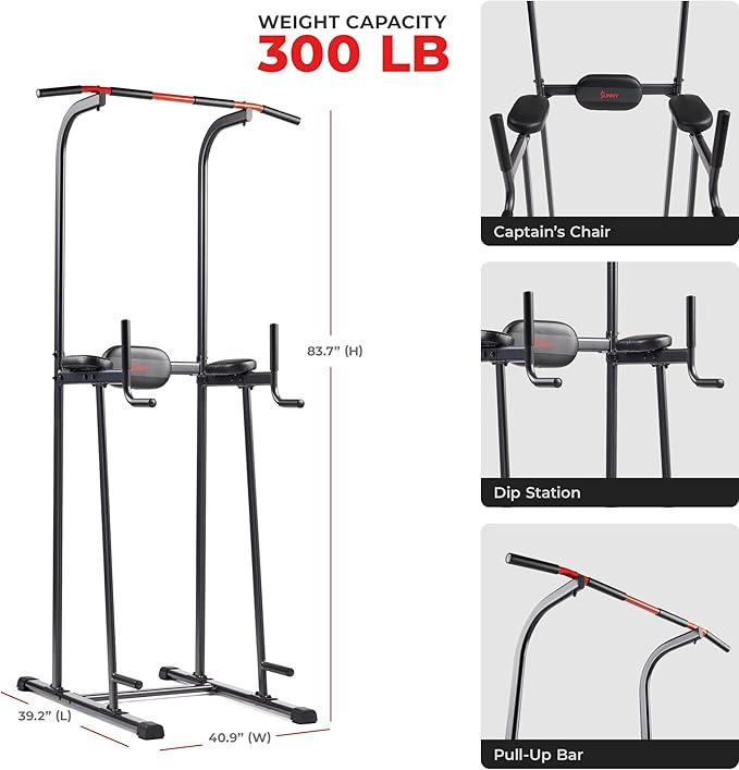 Sunny Health & Fitness Power Tower, Dip Bar, Push-Up & Pull Up Assisting Parallette Station w Optional Rock Climbing Grip Trainer