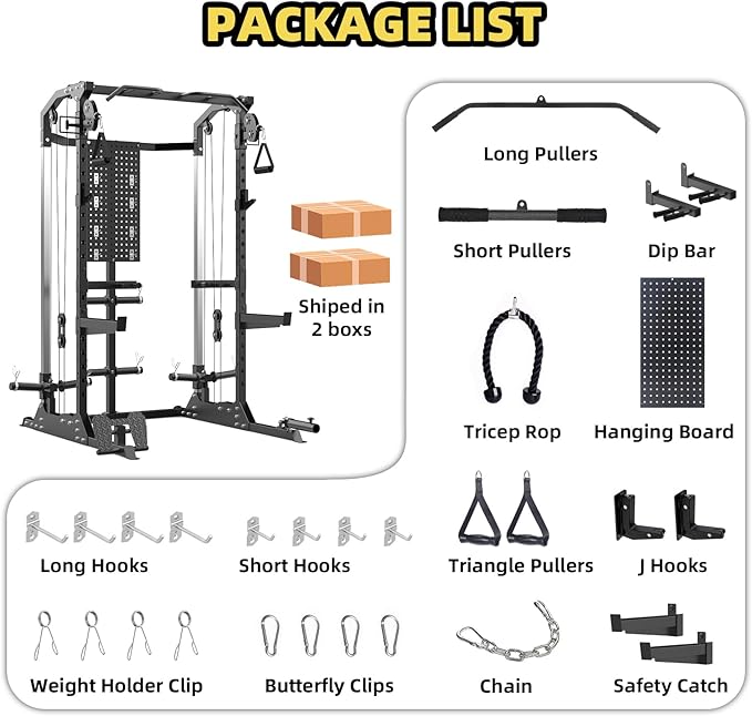 Power Cage, Squat Rack with Cable Crossover and Dual Independent Pulley System, 2000LB Capacity Workout Cage with More Training Attachments, Power Rack for Home Gym