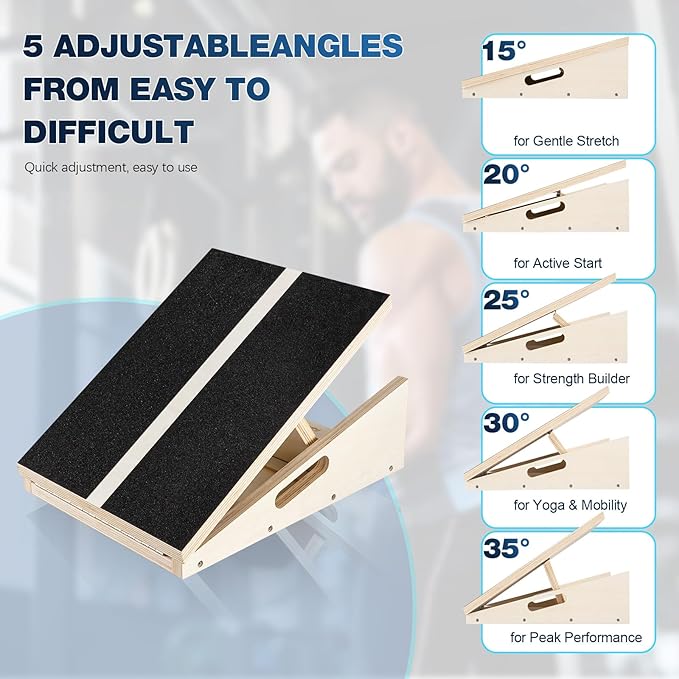 Adjustable Wooden Slant Board, 5 Angles (15°–35°) for Safe Stretching, Squats & Rehab – Anti-Slip top & Base, Durable 10-Layer Wood, Supports up to 400lbs for Home Gym & Recovery use