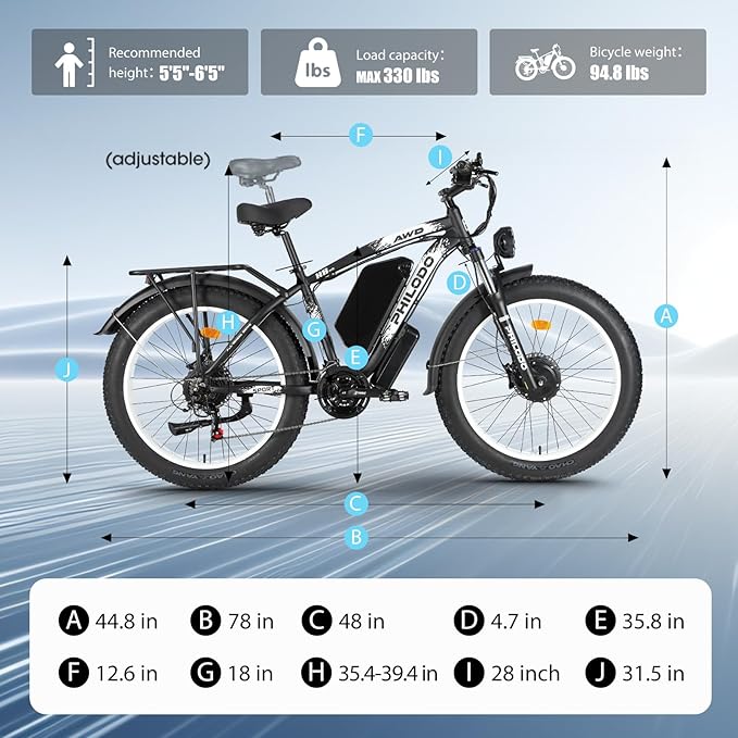 PHILODO 5000W Dual Motor Ebikes for Adults, 60V 26AH Battery Electric Bike, 26x4 Fat Tires for All Terrain Dirt Bike with 21-Speed Gear Electric Mountain Bike Electric Bicycle