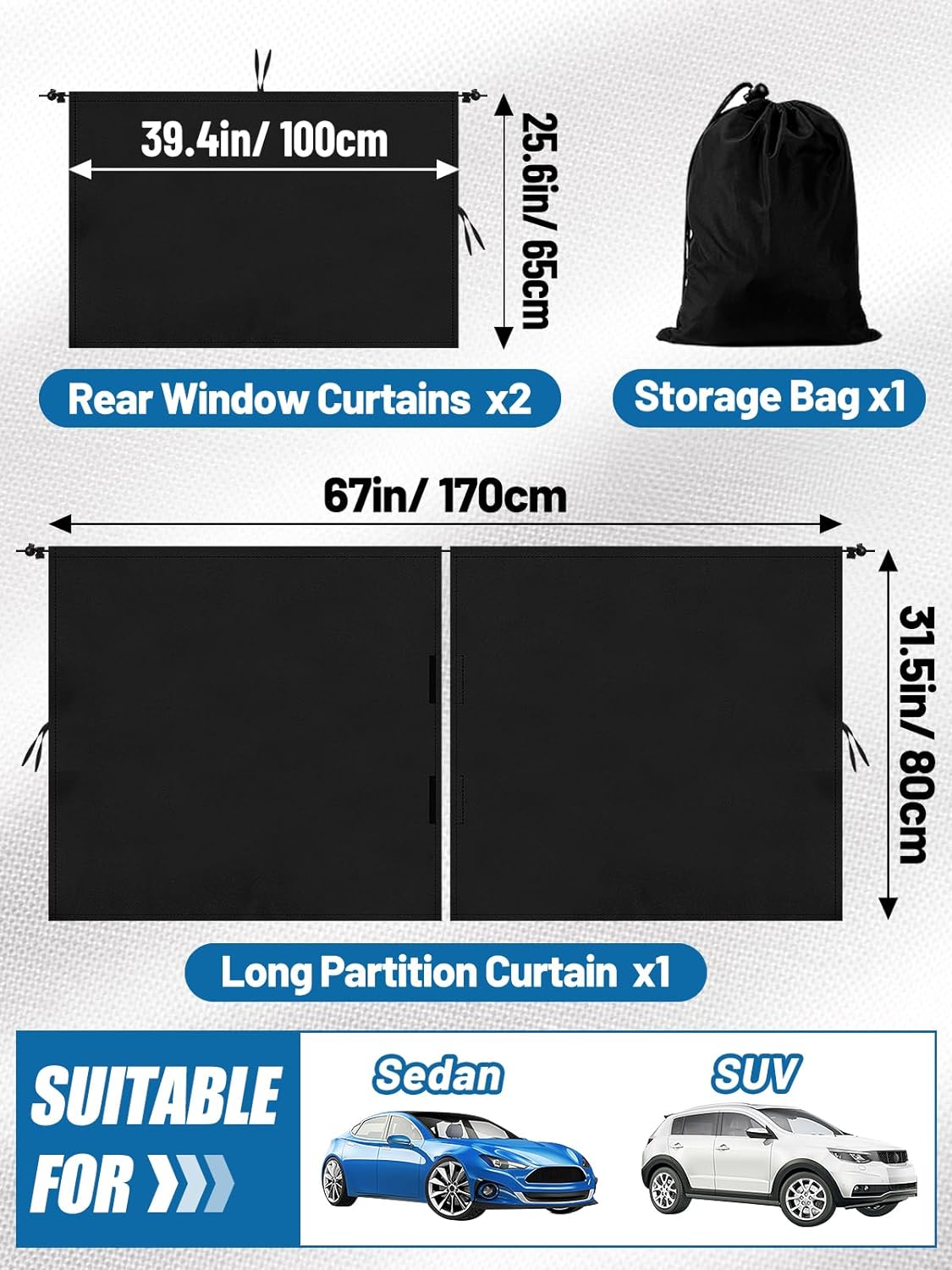 Set of 3 Car Privacy Curtains - 95% Light Blocking Fabric Rear Seat & Side Windows Divider Curtain Baby Shades, Wide Sedan SUV Sunshade Screen Covers for Travel Camping Nap Sleeping