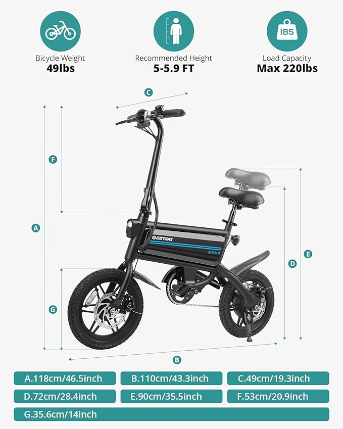 Gotrax Nano 14" Electric Bike, Max Range 25Miles(Pedal-Assist)&Max Speed 15.5Mph, 350W Folding E-Bike with Removable Battery, Adjustable Seat & Dual Mudguards, Commuter Electric Bicycle for Ages 13+