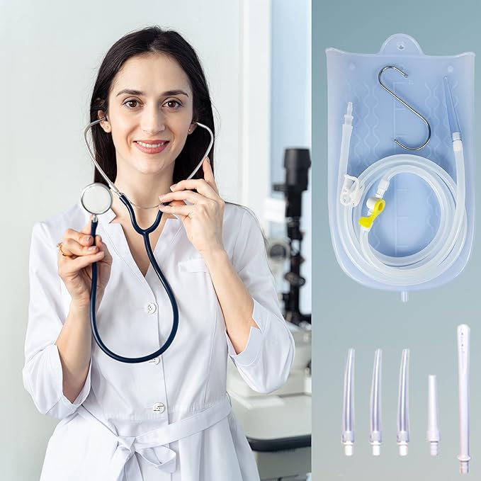 Silicone Enema Bag Kit with 6.3ft Hose, 5 Enema Tips, Controllable Flow Valve and Water Thermometer - 2 Quart Capacity Coffee enemas for Colon Cleanse