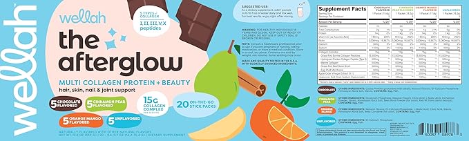 Wellah The Afterglow Multi Collagen Protein + Beauty (Variety Pack) 20 Stickpacks - 15G Collagen Complex Per Serving